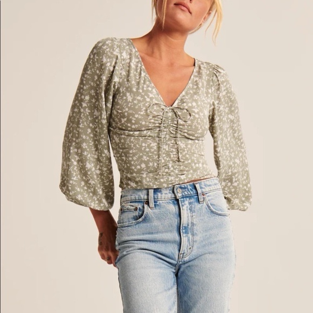 Abercrombie & Fitch Floral Sage Green Cinched Front Peasant Sleeve Blouse Top XS